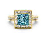 Yellow gold Princess Cut Halo Diamond Engagement Ring with Milgrain Pave Band and Four-Prong Setting