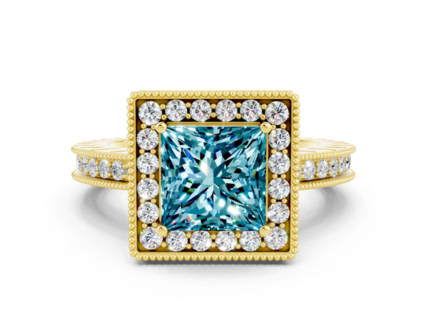 Yellow gold Princess Cut Halo Diamond Engagement Ring with Milgrain Pave Band and Four-Prong Setting