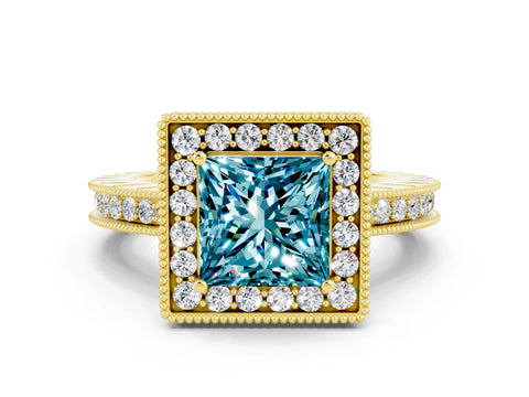 Yellow gold Princess Cut Halo Diamond Engagement Ring with Milgrain Pave Band and Four-Prong Setting