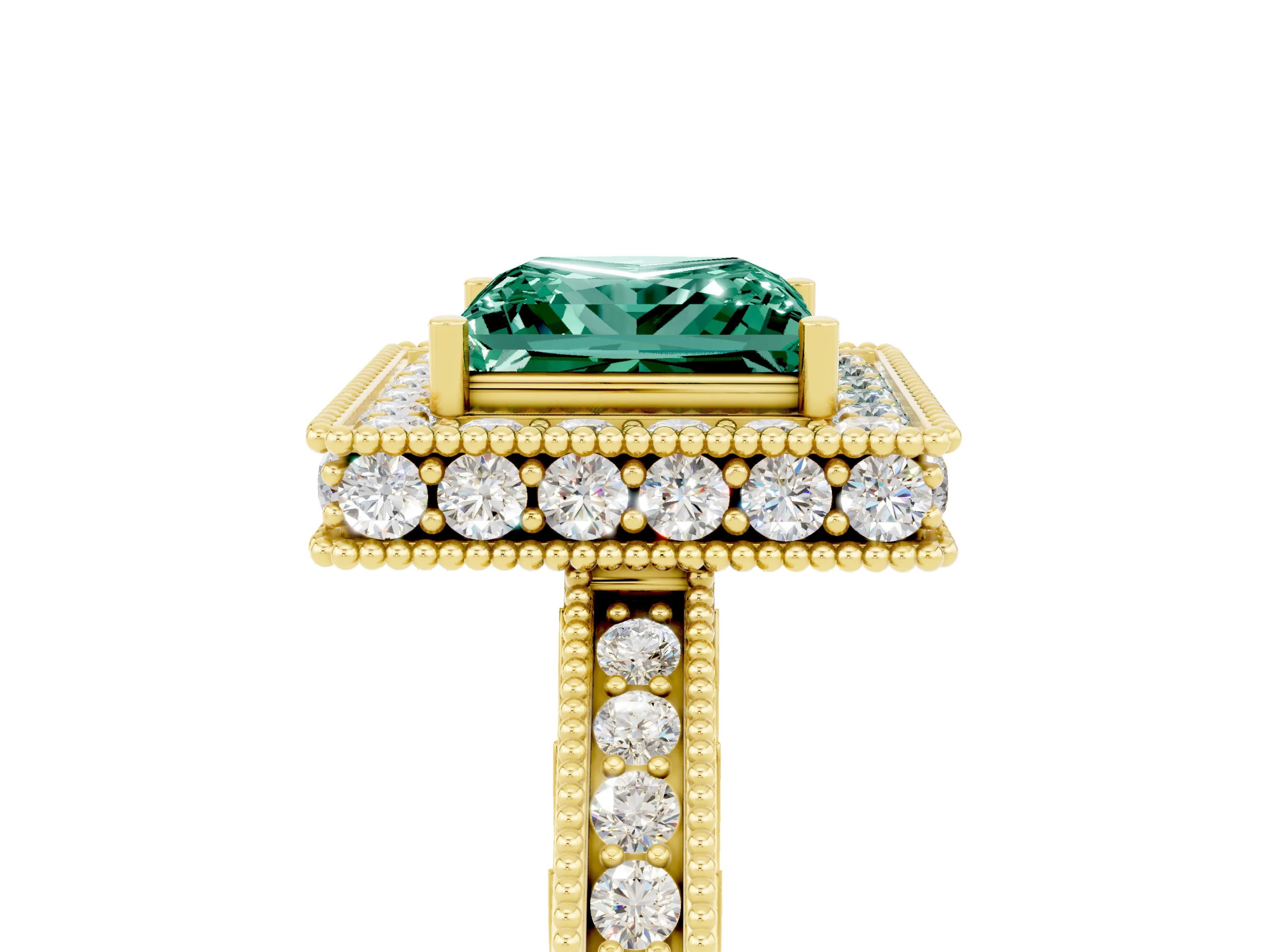 Yellow gold Princess Cut Halo Diamond Engagement Ring with Milgrain Pave Band and Four-Prong Setting_5