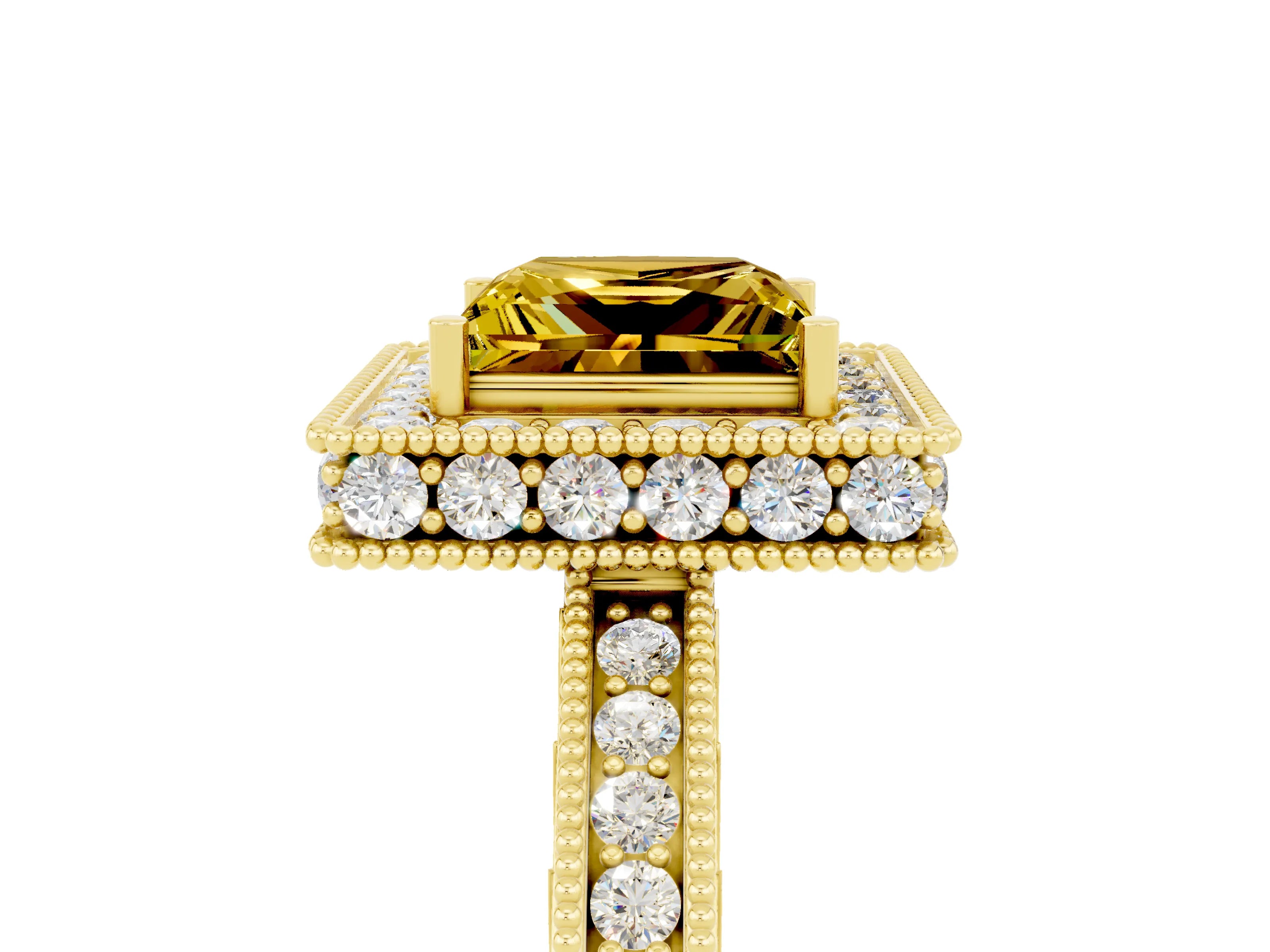 Yellow gold Princess Cut Halo Diamond Engagement Ring with Milgrain Pave Band and Four-Prong Setting_5
