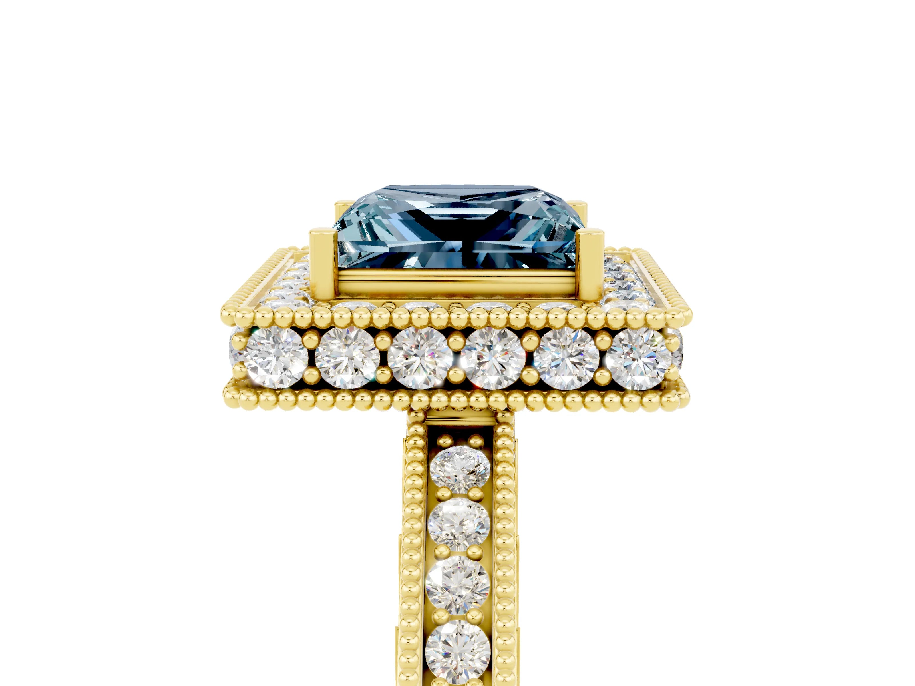 Yellow gold Princess Cut Halo Diamond Engagement Ring with Milgrain Pave Band and Four-Prong Setting_5