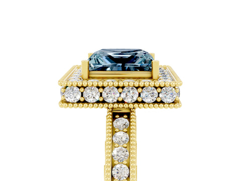 Yellow gold Princess Cut Halo Diamond Engagement Ring with Milgrain Pave Band and Four-Prong Setting_5