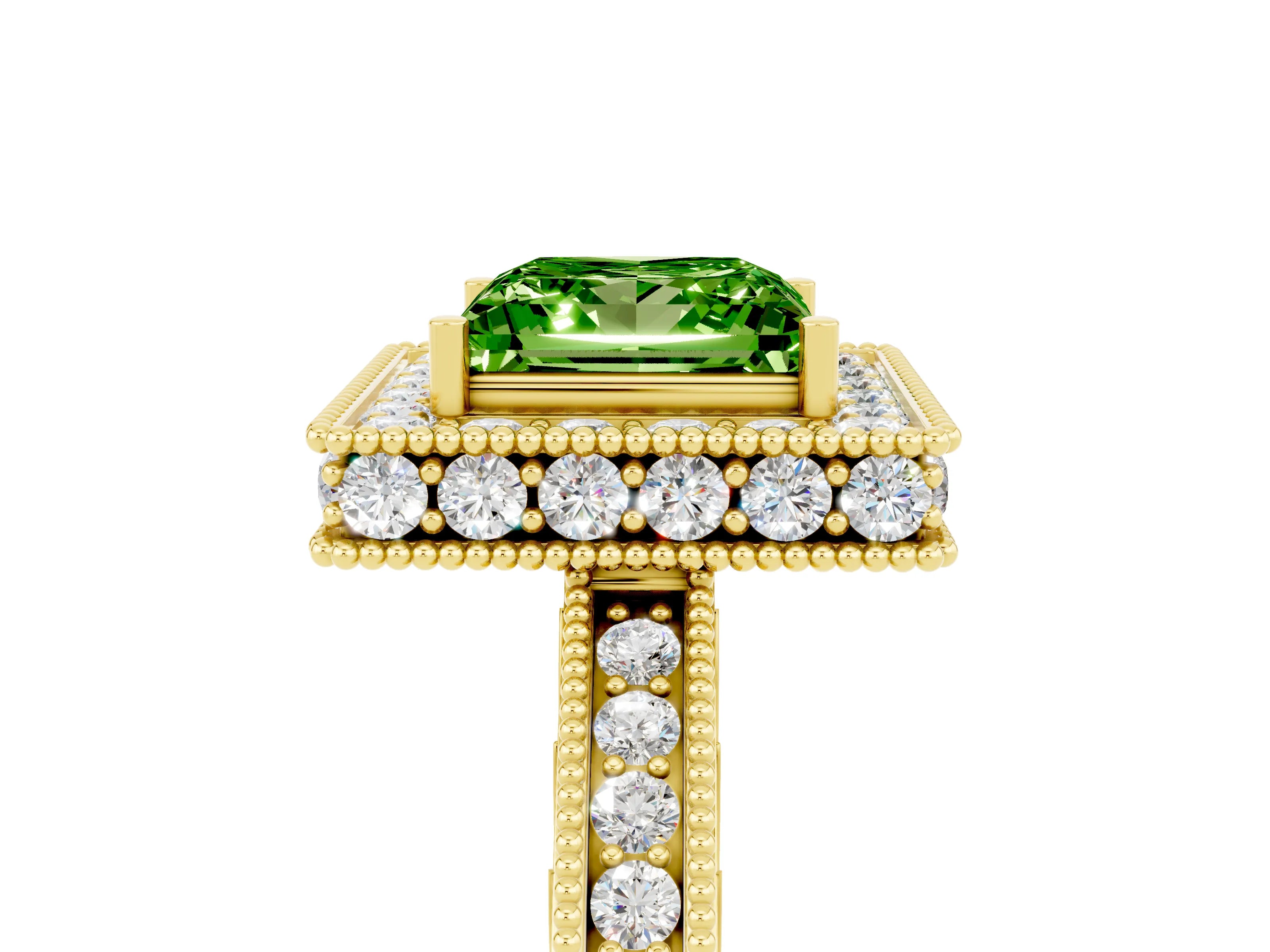 Yellow gold Princess Cut Halo Diamond Engagement Ring with Milgrain Pave Band and Four-Prong Setting_5