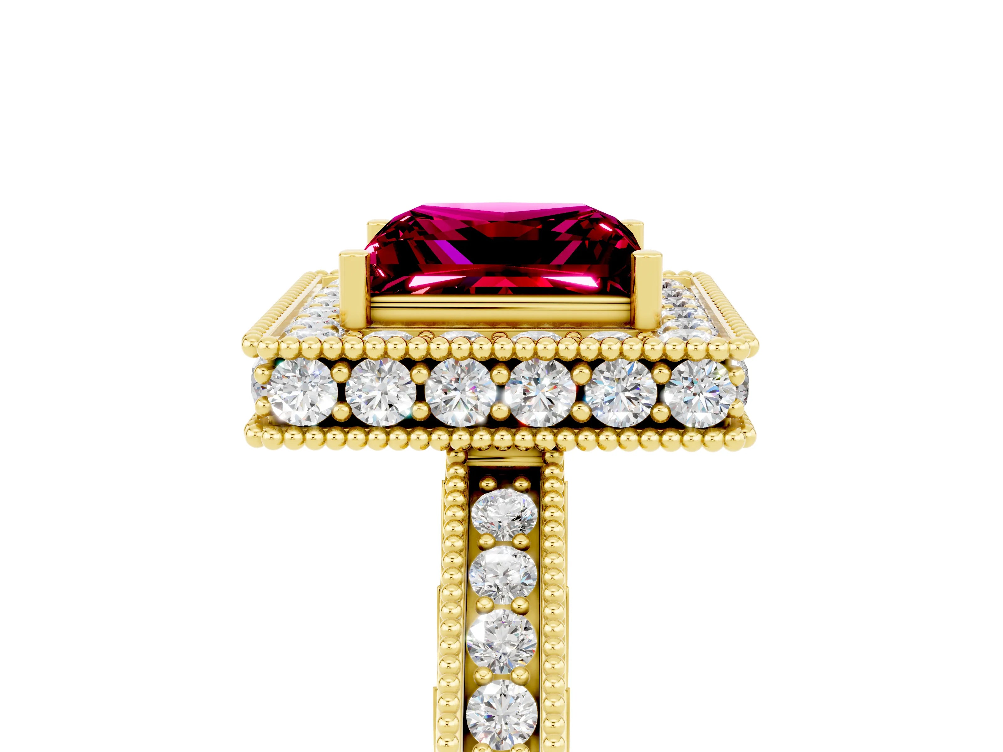 Yellow gold Princess Cut Halo Diamond Engagement Ring with Milgrain Pave Band and Four-Prong Setting_5