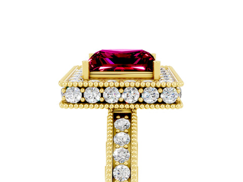 Yellow gold Princess Cut Halo Diamond Engagement Ring with Milgrain Pave Band and Four-Prong Setting_5