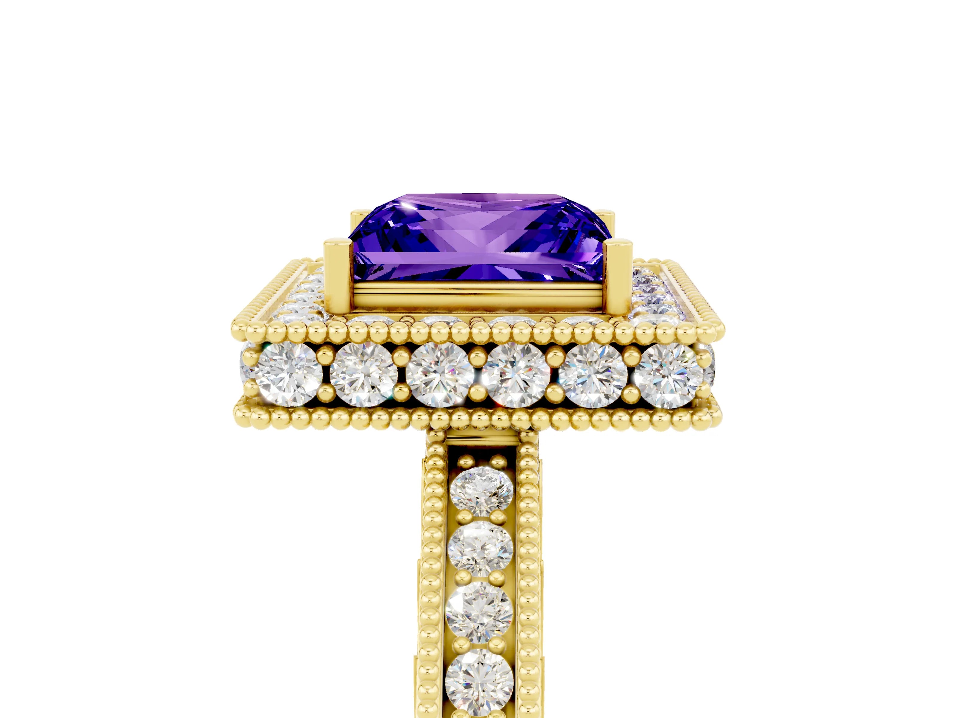 Yellow gold Princess Cut Halo Diamond Engagement Ring with Milgrain Pave Band and Four-Prong Setting_5