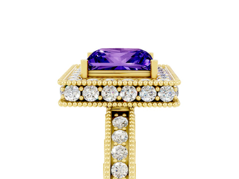 Yellow gold Princess Cut Halo Diamond Engagement Ring with Milgrain Pave Band and Four-Prong Setting_5