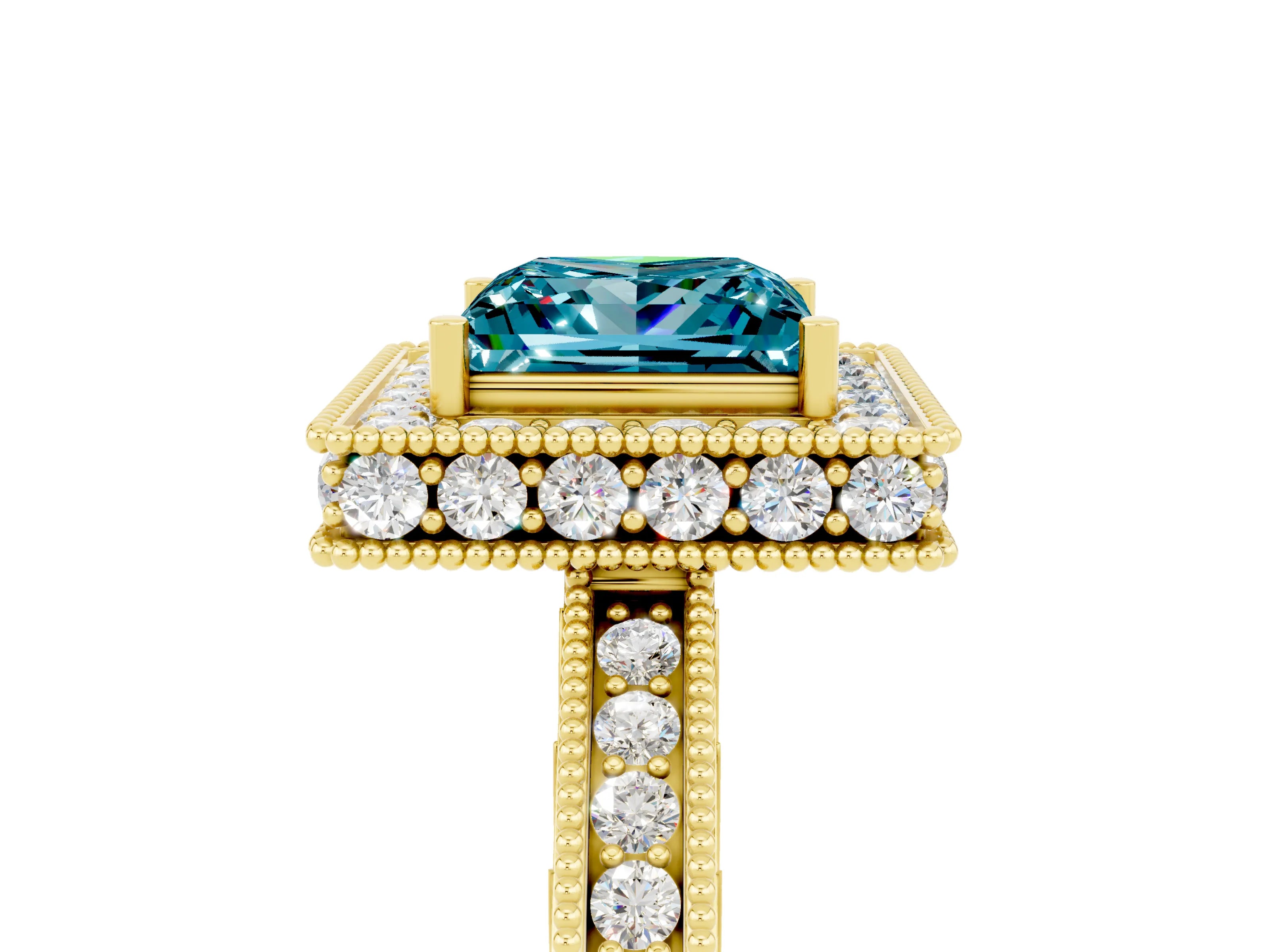 Yellow gold Princess Cut Halo Diamond Engagement Ring with Milgrain Pave Band and Four-Prong Setting_5