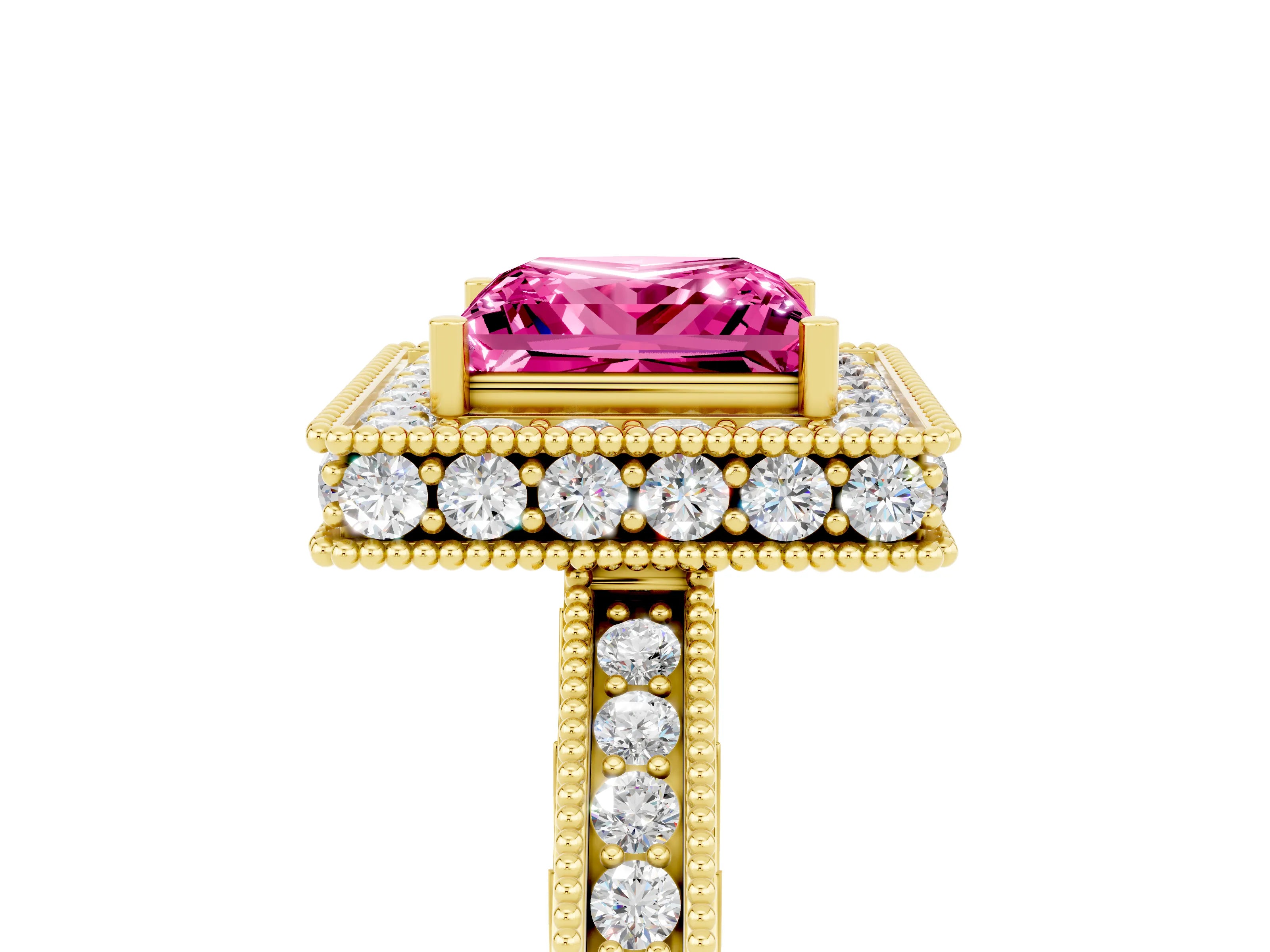 Yellow gold Princess Cut Halo Diamond Engagement Ring with Milgrain Pave Band and Four-Prong Setting_5