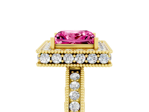 Yellow gold Princess Cut Halo Diamond Engagement Ring with Milgrain Pave Band and Four-Prong Setting_5