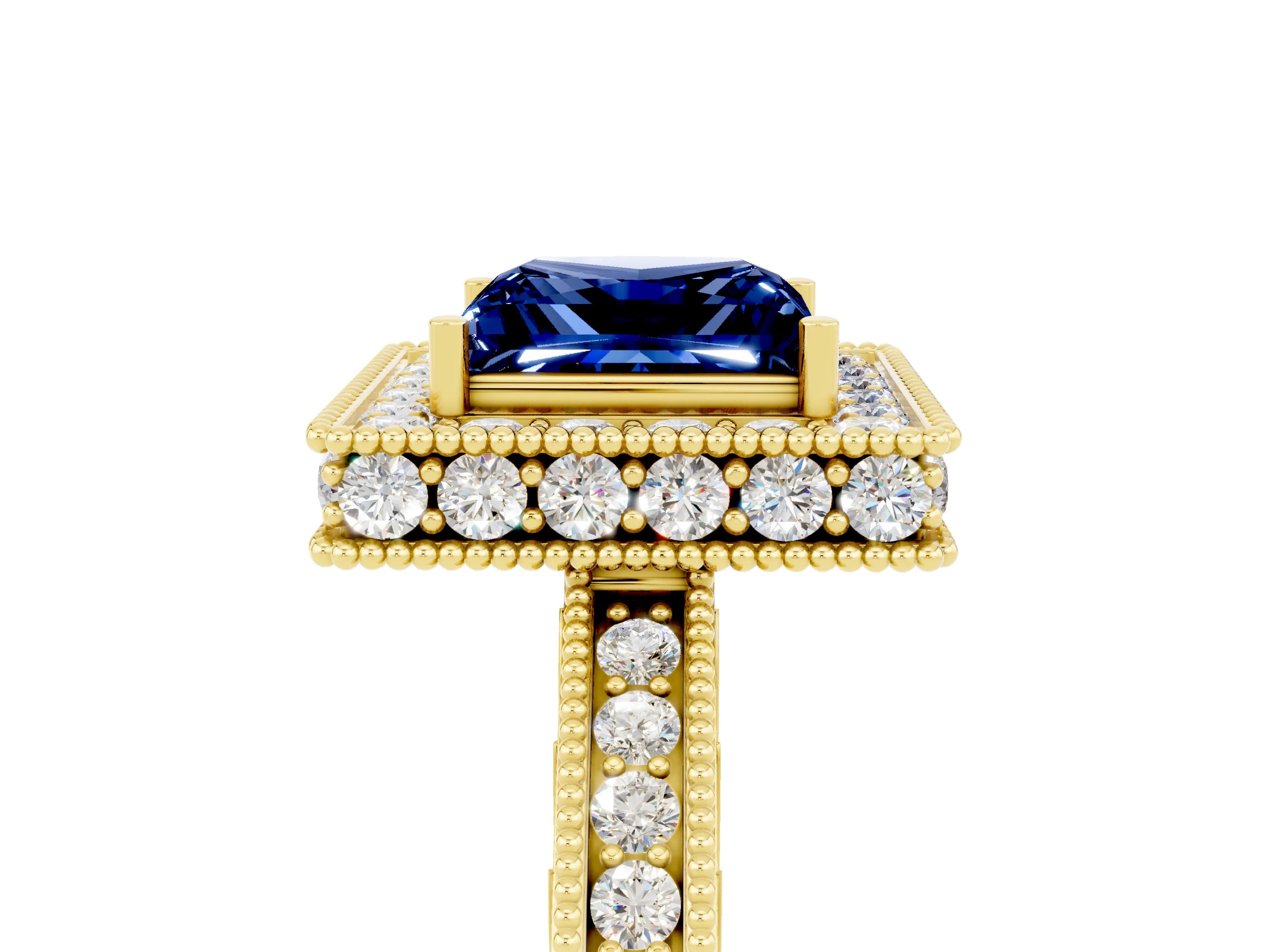 Yellow gold Princess Cut Halo Diamond Engagement Ring with Milgrain Pave Band and Four-Prong Setting_5