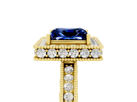 Yellow gold Princess Cut Halo Diamond Engagement Ring with Milgrain Pave Band and Four-Prong Setting_5