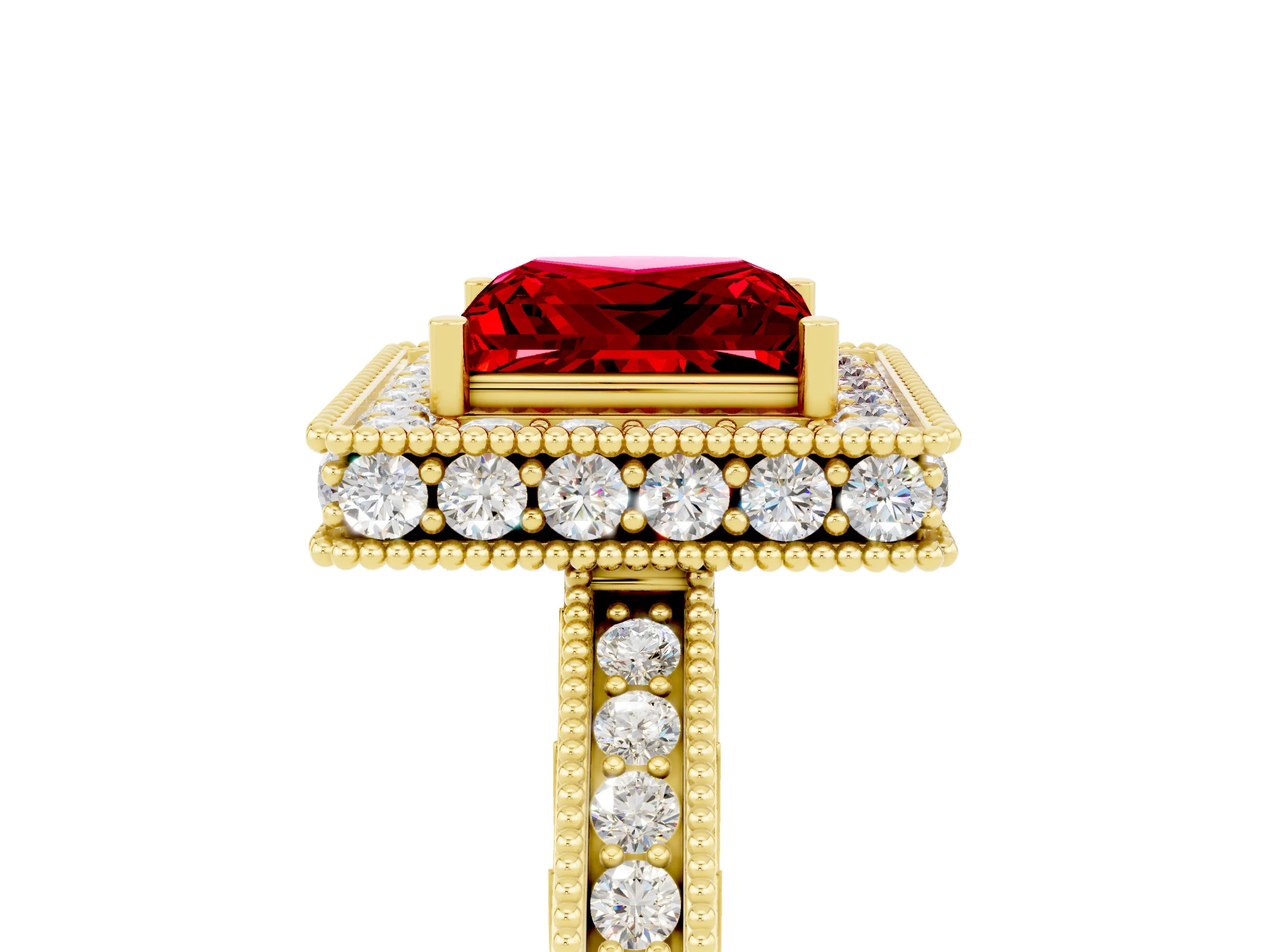 Yellow gold Princess Cut Halo Diamond Engagement Ring with Milgrain Pave Band and Four-Prong Setting_5