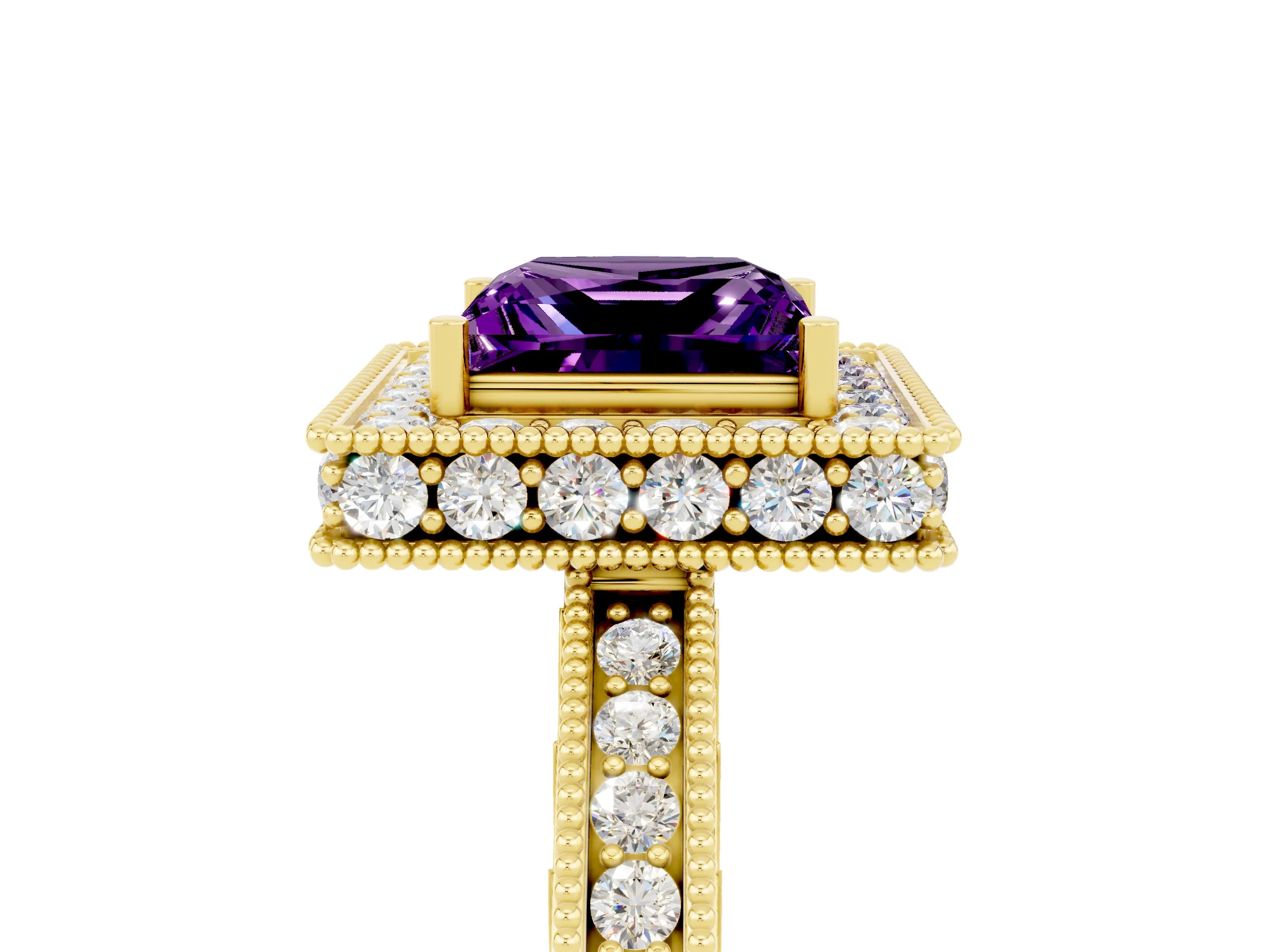 Yellow gold Princess Cut Halo Diamond Engagement Ring with Milgrain Pave Band and Four-Prong Setting_5