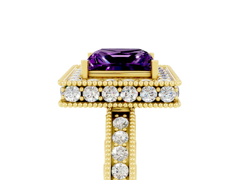 Yellow gold Princess Cut Halo Diamond Engagement Ring with Milgrain Pave Band and Four-Prong Setting_5