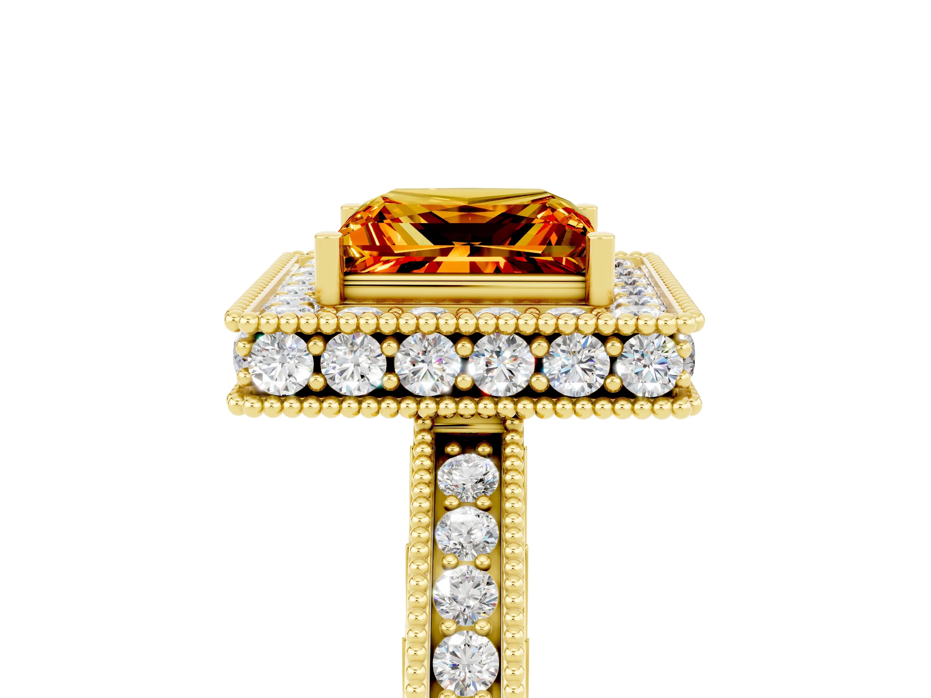 Yellow gold Princess Cut Halo Diamond Engagement Ring with Milgrain Pave Band and Four-Prong Setting_5