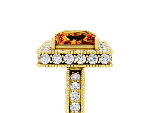 Yellow gold Princess Cut Halo Diamond Engagement Ring with Milgrain Pave Band and Four-Prong Setting_5