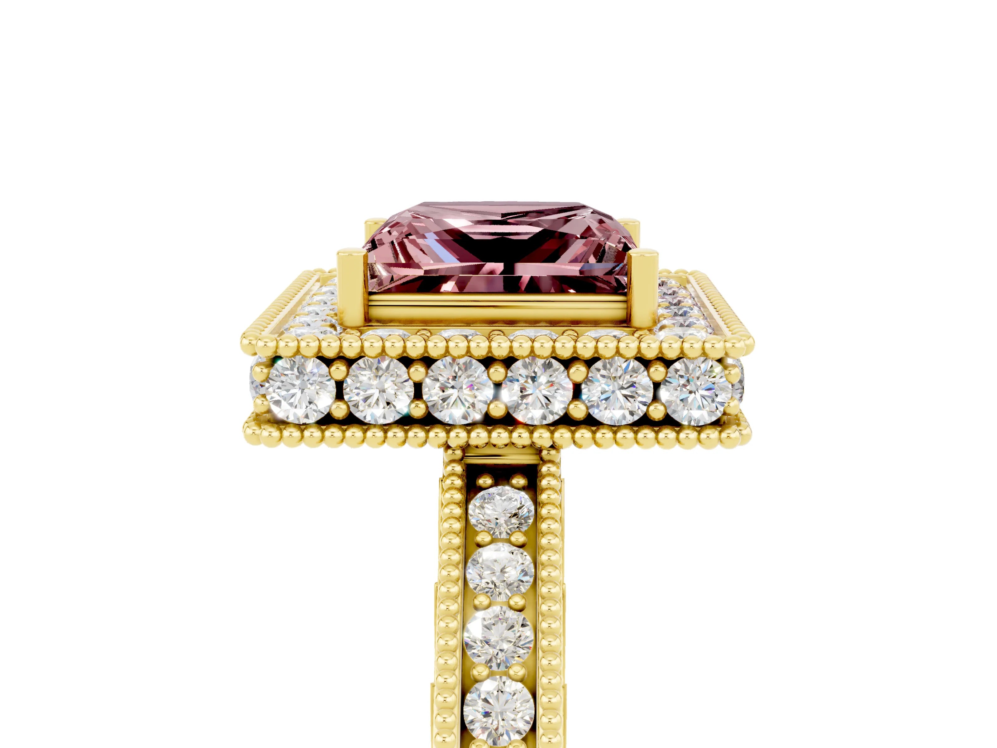 Yellow gold Princess Cut Halo Diamond Engagement Ring with Milgrain Pave Band and Four-Prong Setting_5