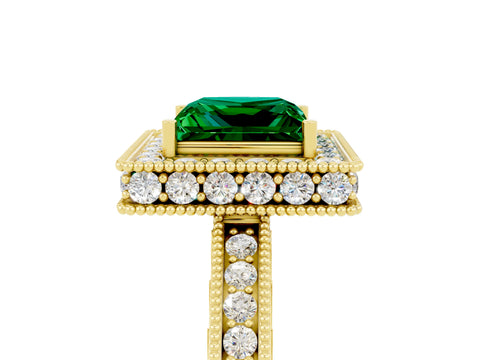 Yellow gold Princess Cut Halo Diamond Engagement Ring with Milgrain Pave Band and Four-Prong Setting_5