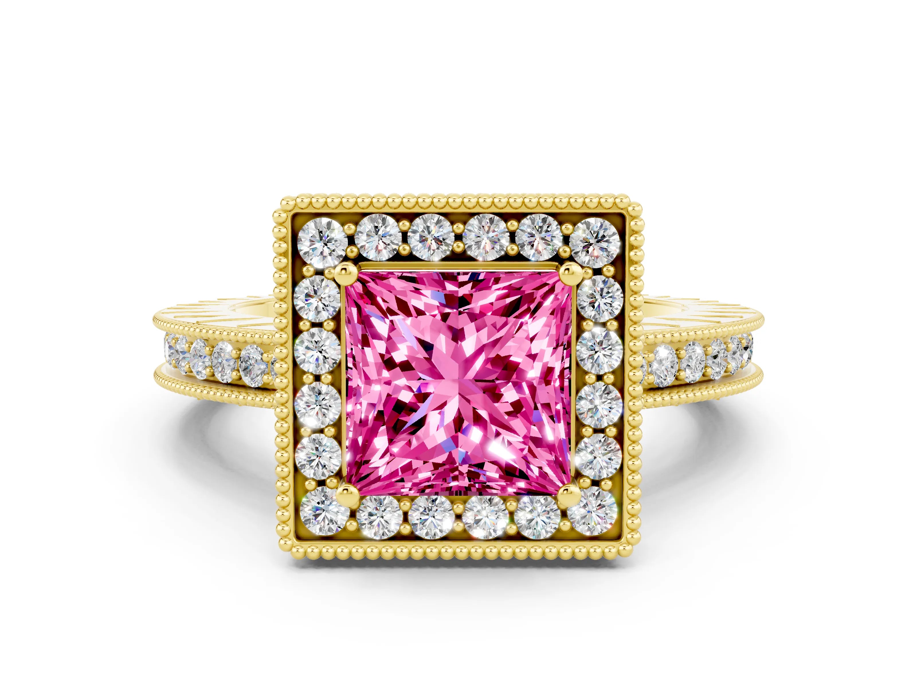 Yellow gold Princess Cut Halo Diamond Engagement Ring with Milgrain Pave Band and Four-Prong Setting
