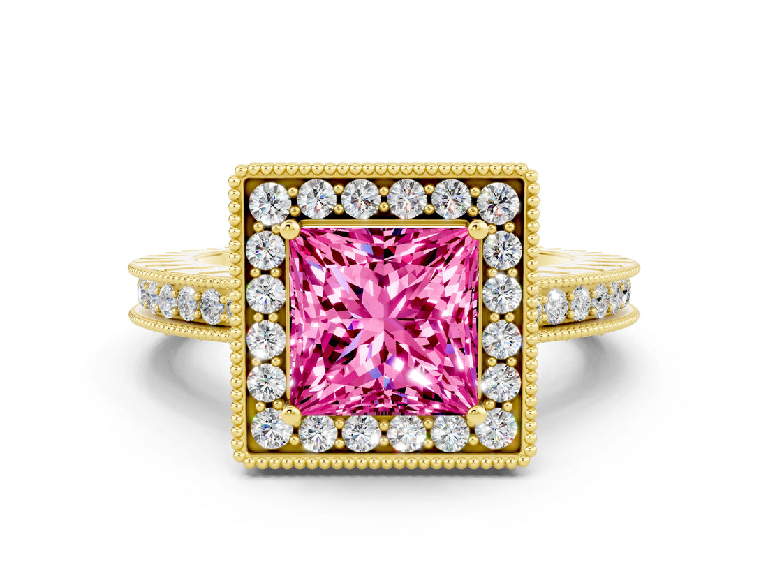Yellow gold Princess Cut Halo Diamond Engagement Ring with Milgrain Pave Band and Four-Prong Setting