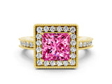Yellow gold Princess Cut Halo Diamond Engagement Ring with Milgrain Pave Band and Four-Prong Setting