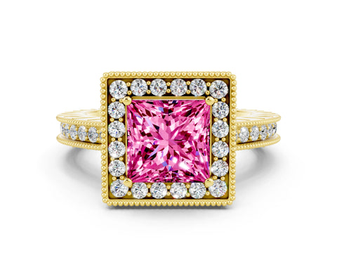 Yellow gold Princess Cut Halo Diamond Engagement Ring with Milgrain Pave Band and Four-Prong Setting