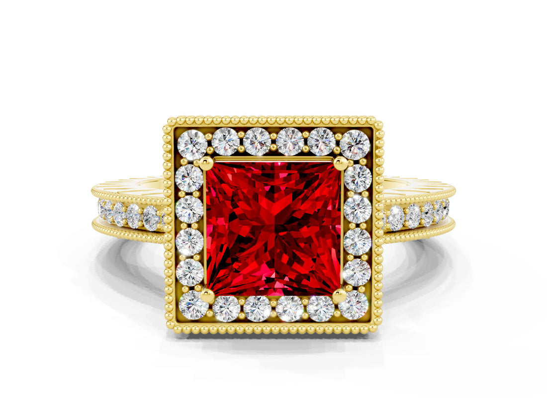 Yellow gold Princess Cut Halo Diamond Engagement Ring with Milgrain Pave Band and Four-Prong Setting