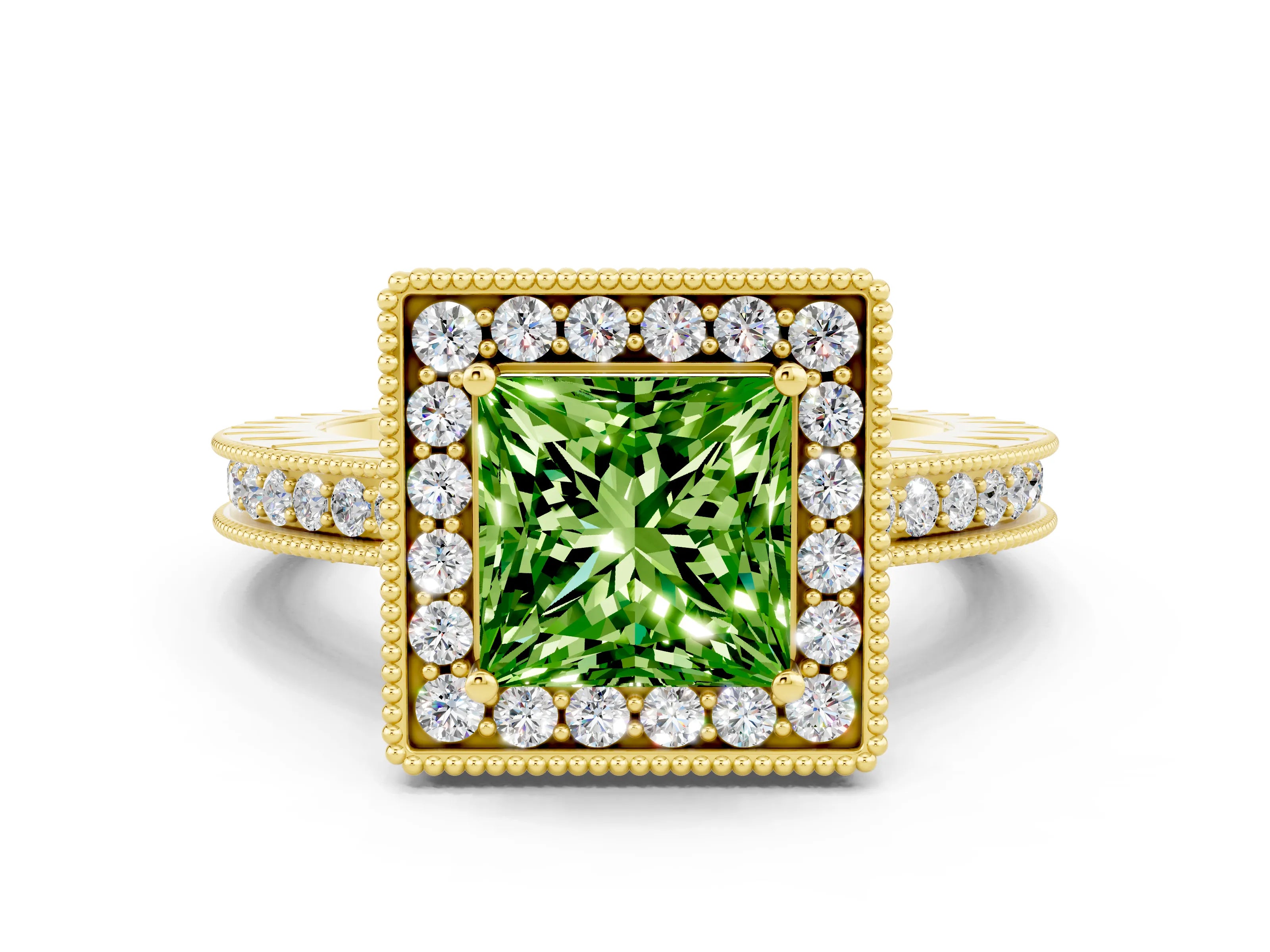 Yellow gold Princess Cut Halo Diamond Engagement Ring with Milgrain Pave Band and Four-Prong Setting