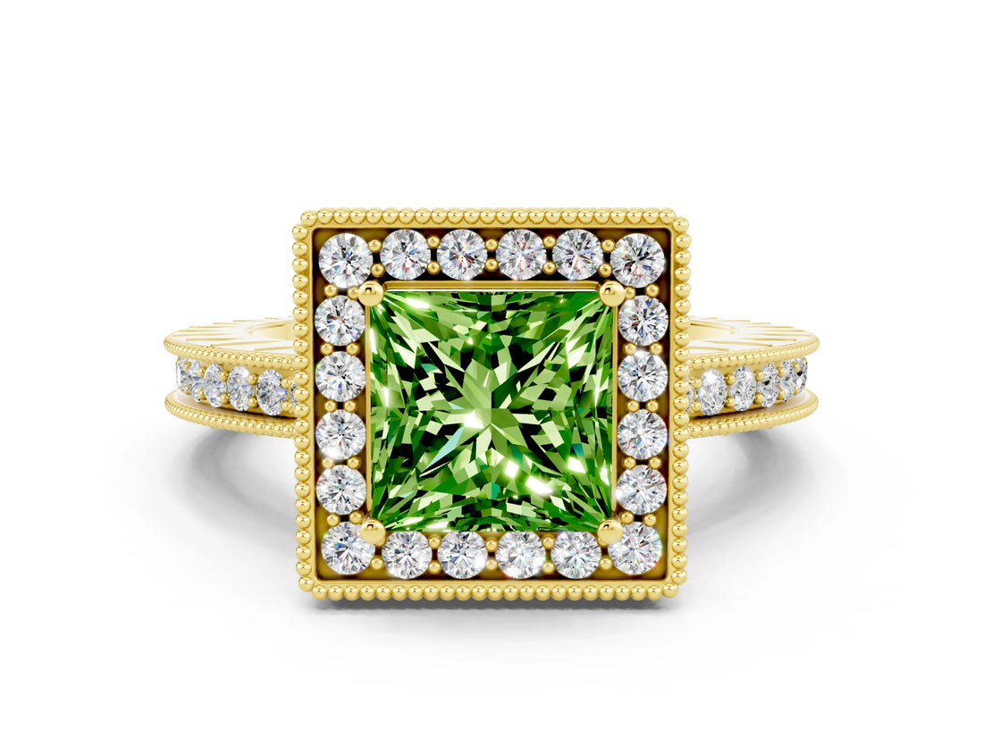 Yellow gold Princess Cut Halo Diamond Engagement Ring with Milgrain Pave Band and Four-Prong Setting
