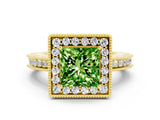Yellow gold Princess Cut Halo Diamond Engagement Ring with Milgrain Pave Band and Four-Prong Setting
