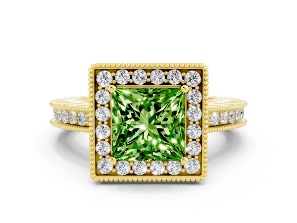 Yellow gold Princess Cut Halo Diamond Engagement Ring with Milgrain Pave Band and Four-Prong Setting