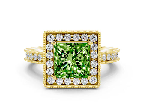 Yellow gold Princess Cut Halo Diamond Engagement Ring with Milgrain Pave Band and Four-Prong Setting
