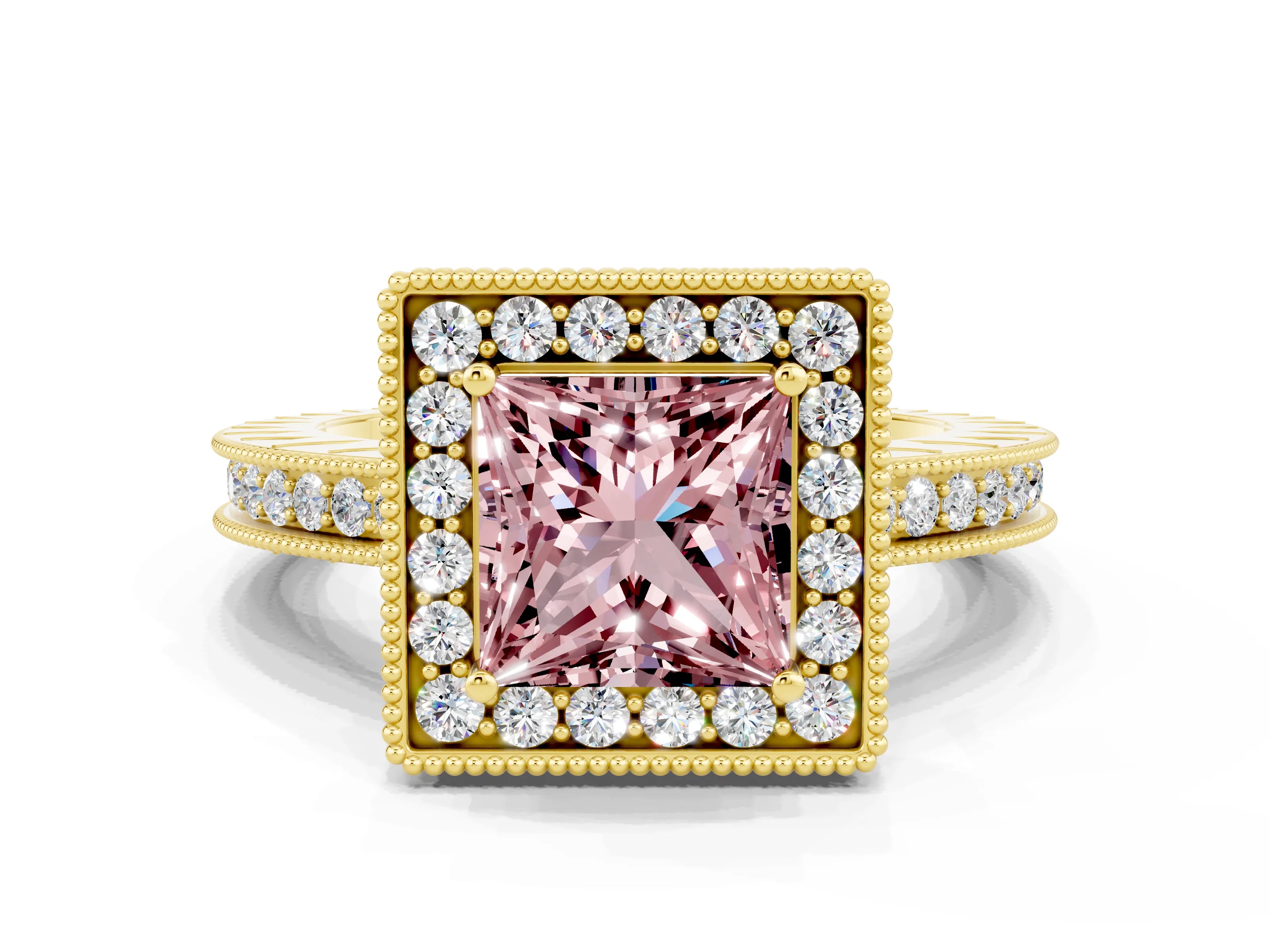 Yellow gold Princess Cut Halo Diamond Engagement Ring with Milgrain Pave Band and Four-Prong Setting