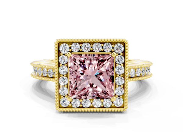 Yellow gold Princess Cut Halo Diamond Engagement Ring with Milgrain Pave Band and Four-Prong Setting