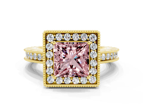 Yellow gold Princess Cut Halo Diamond Engagement Ring with Milgrain Pave Band and Four-Prong Setting