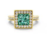 Yellow gold Princess Cut Halo Diamond Engagement Ring with Milgrain Pave Band and Four-Prong Setting