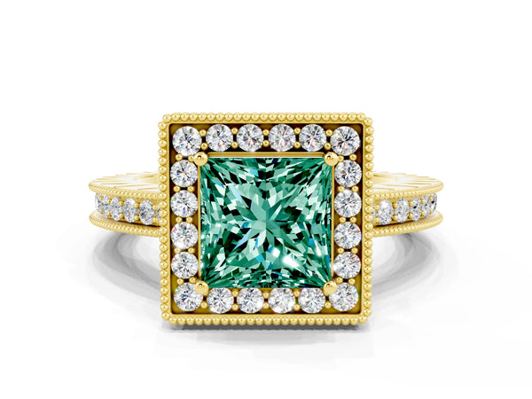 Yellow gold Princess Cut Halo Diamond Engagement Ring with Milgrain Pave Band and Four-Prong Setting