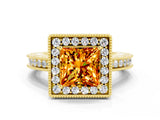 Yellow gold Princess Cut Halo Diamond Engagement Ring with Milgrain Pave Band and Four-Prong Setting