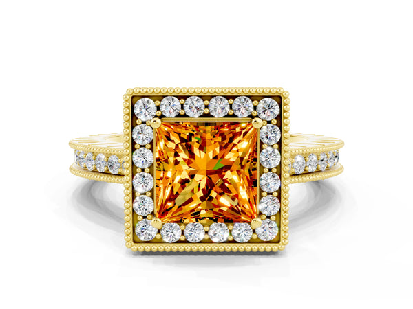 Yellow gold Princess Cut Halo Diamond Engagement Ring with Milgrain Pave Band and Four-Prong Setting