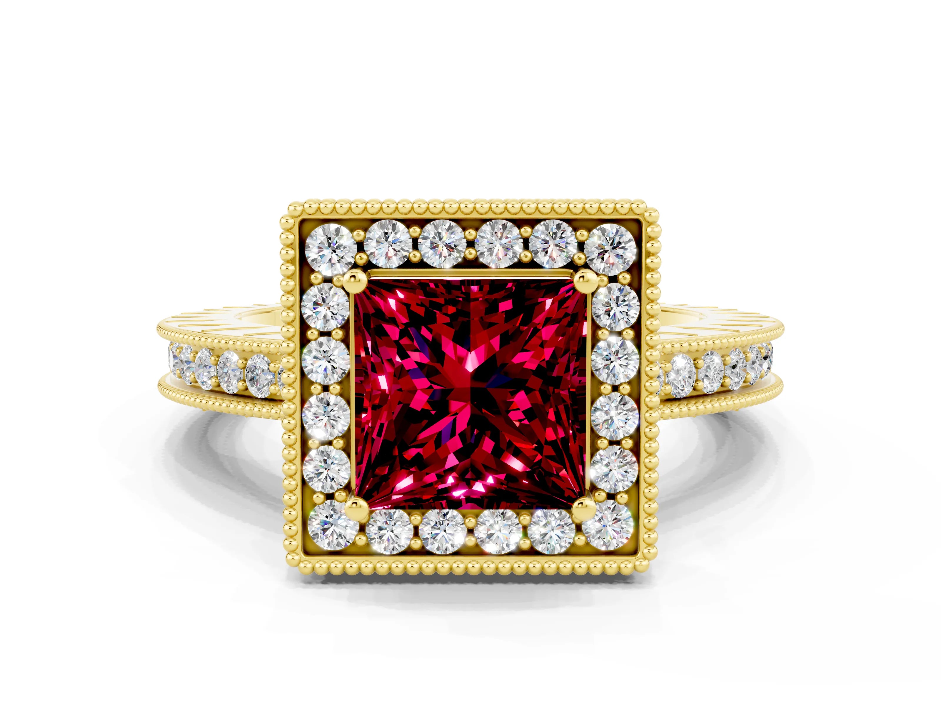Yellow gold Princess Cut Halo Diamond Engagement Ring with Milgrain Pave Band and Four-Prong Setting