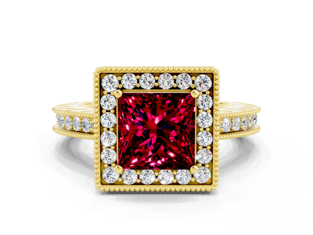 Yellow gold Princess Cut Halo Diamond Engagement Ring with Milgrain Pave Band and Four-Prong Setting