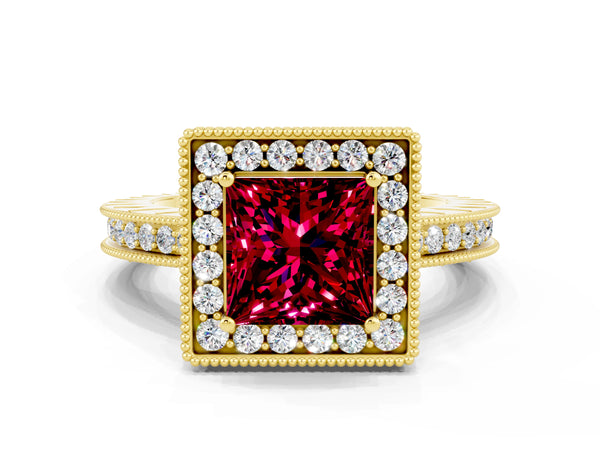 Yellow gold Princess Cut Halo Diamond Engagement Ring with Milgrain Pave Band and Four-Prong Setting