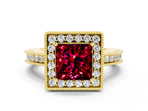 Yellow gold Princess Cut Halo Diamond Engagement Ring with Milgrain Pave Band and Four-Prong Setting