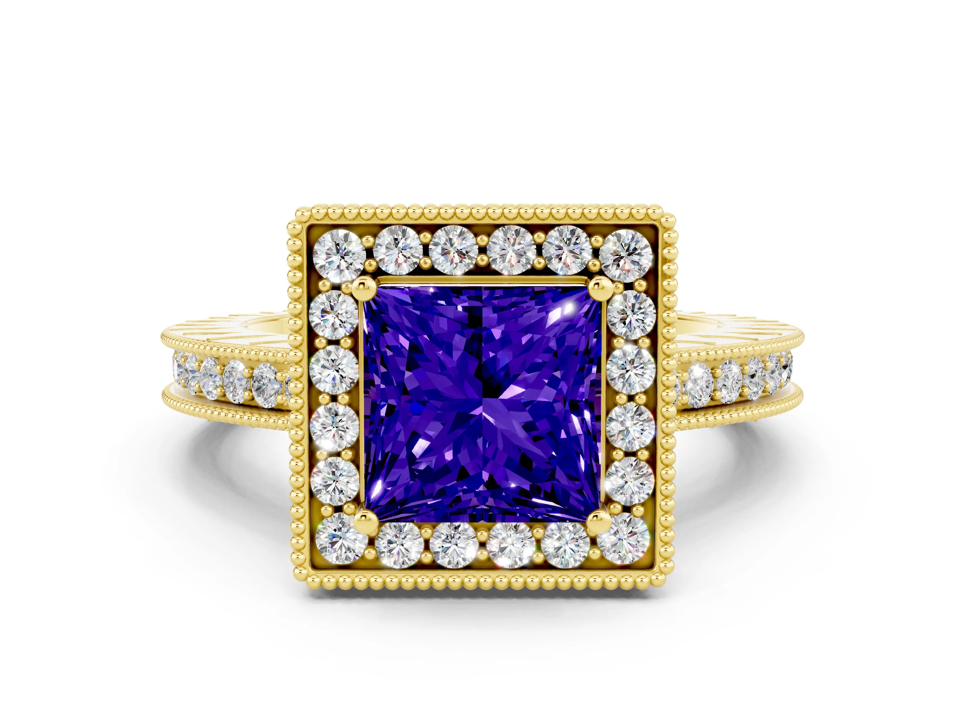 Yellow gold Princess Cut Halo Diamond Engagement Ring with Milgrain Pave Band and Four-Prong Setting
