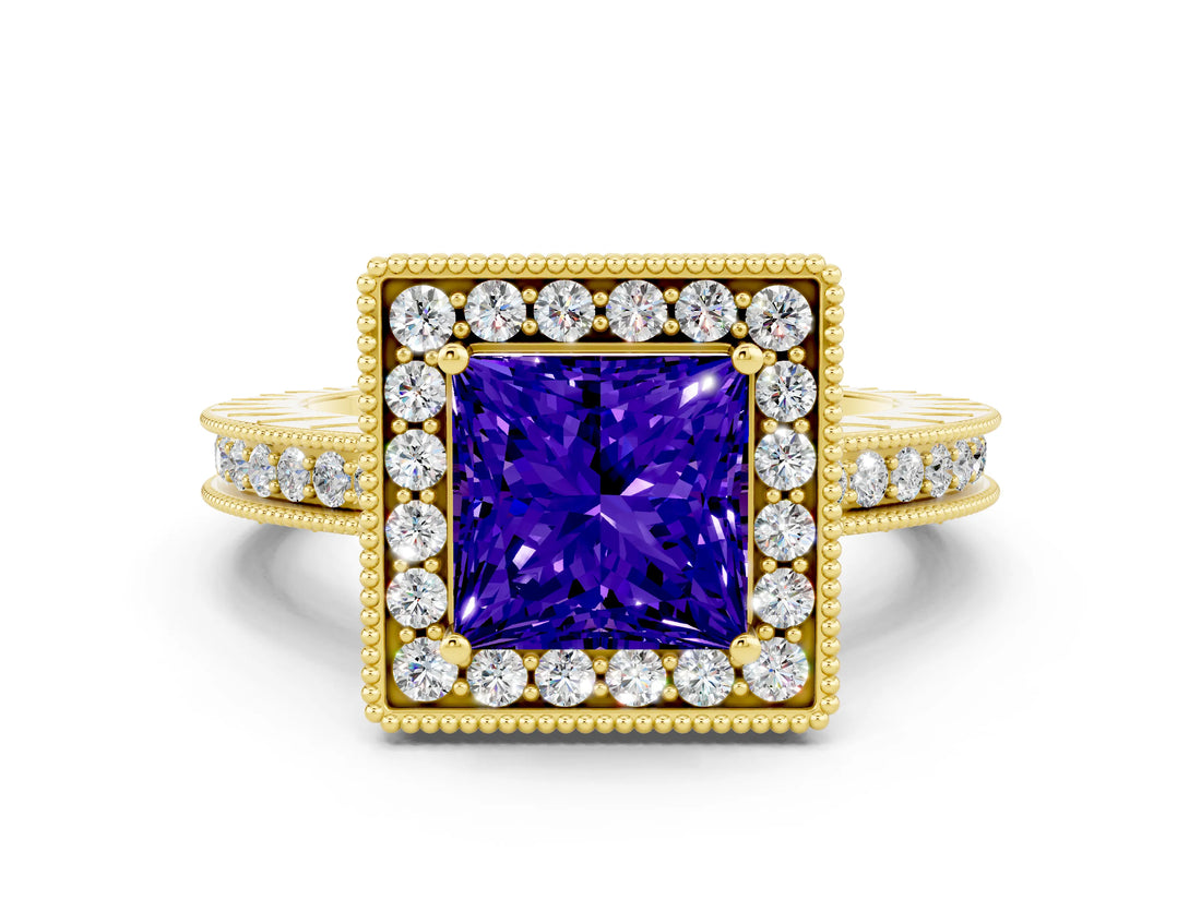 Yellow gold Princess Cut Halo Diamond Engagement Ring with Milgrain Pave Band and Four-Prong Setting