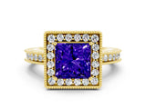Yellow gold Princess Cut Halo Diamond Engagement Ring with Milgrain Pave Band and Four-Prong Setting