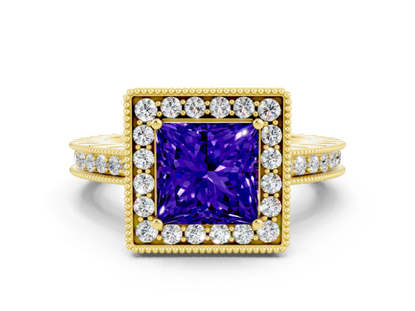 Yellow gold Princess Cut Halo Diamond Engagement Ring with Milgrain Pave Band and Four-Prong Setting