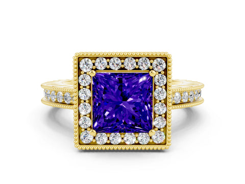 Yellow gold Princess Cut Halo Diamond Engagement Ring with Milgrain Pave Band and Four-Prong Setting